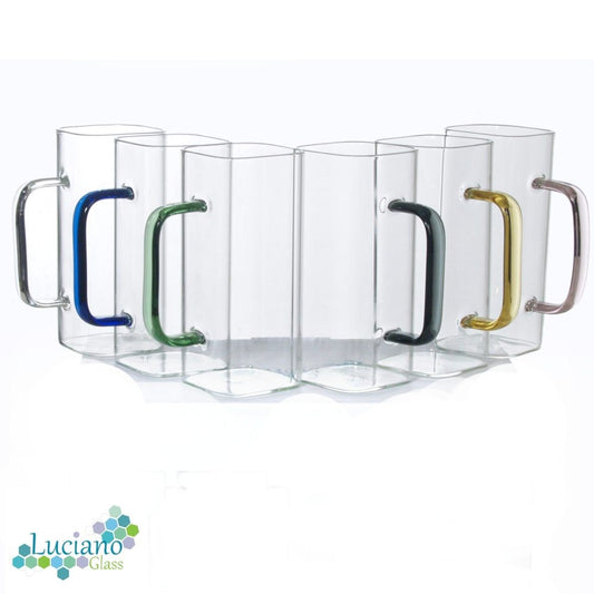 Luciano, Square 380Ml Borosilicate Single Wall Glass Cup 6Pcs Set with Color Handles