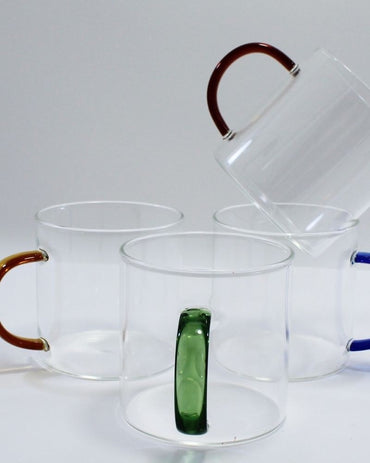 Luciano, High Borosilicate Round Glass Cup Set With Color Handles 4Pc Set 350Ml