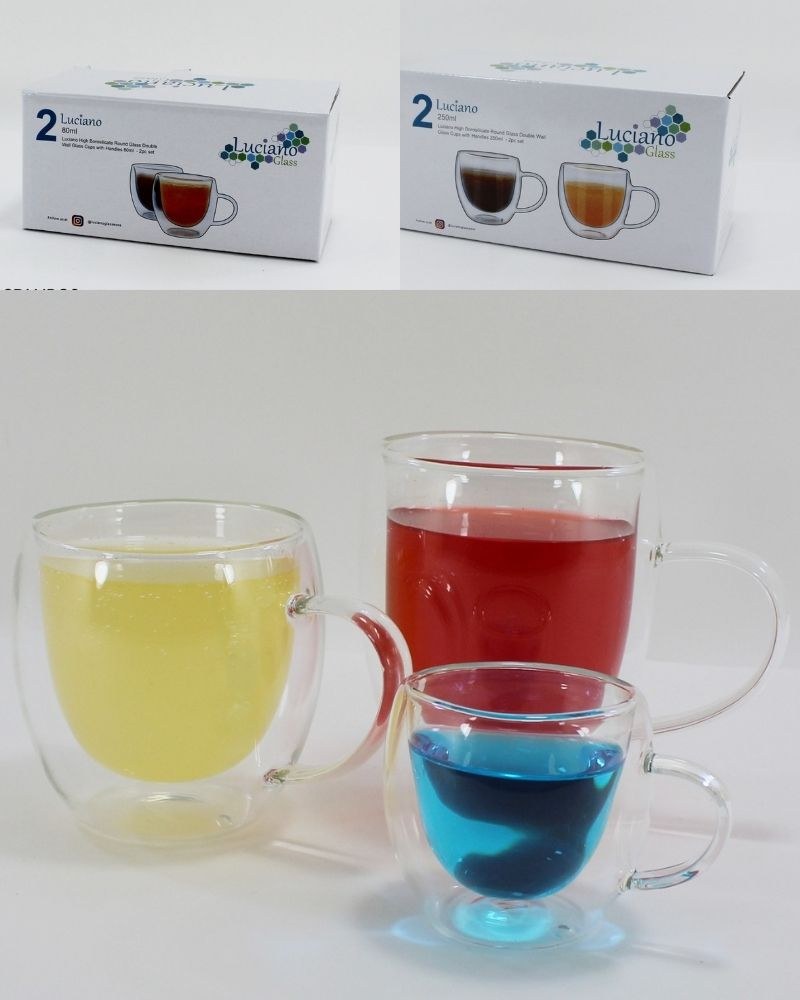 Luciano, High Borosilicate Round Glass Espresso Double Wall Glass Cups With Handles 80Ml - 2Pc Set