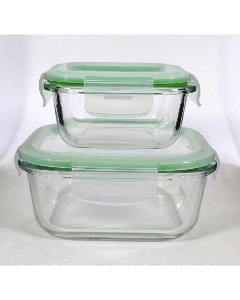 Luciano, High Borosilicate Square Glass Food Container 2 Pc Set With Airtight Lid 320+800Ml (11.2X11.2X5 / 15X15X6.2Cm) Nested Design B/12