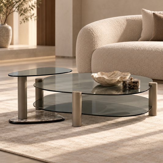Sculptural Smoked Glass Coffee Table Set | S06