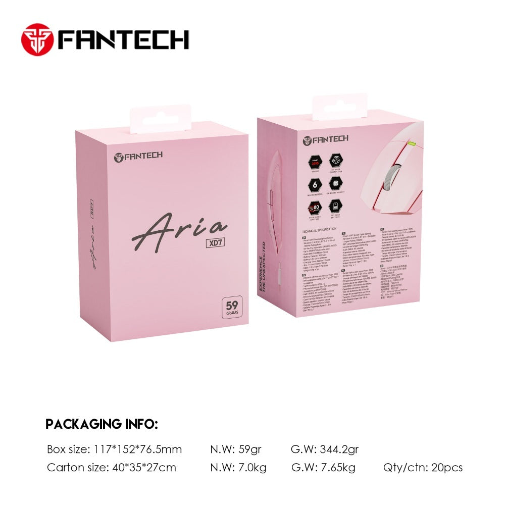 Fantech, Xd7 Aria Go, 3 Mode Connection Wired, Bluettoth & Wireless, 26000Dpi, Ultra Light Weight, Built-In Rechargeable Battery, Pro Gaming Mouse