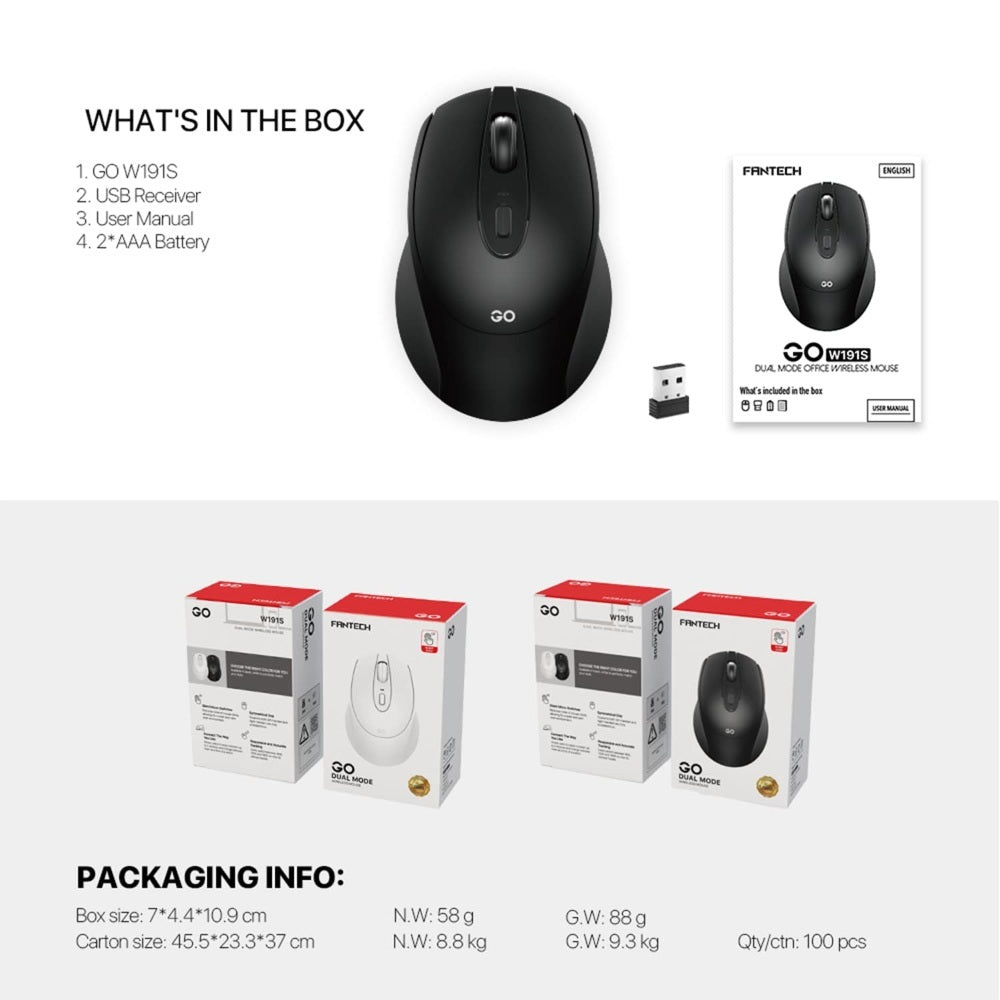 Fantech, W191S Go: Dual Mode Bluetooth & Wireless Mouse, Silent Click, Can Connect To 2 Devices Simultaneously