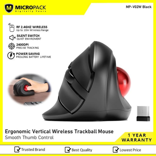 Micropack, Mp-V02W Ergonomic Vertical Wireless Trackball Mouse (Black)