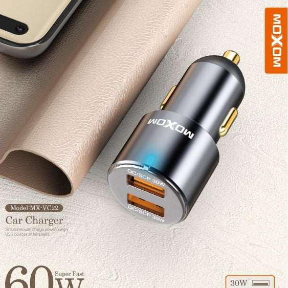 Moxom, Mx-Vc22 Car Charger (60W) (2 Usb Ports) Supports Ultra-Fast