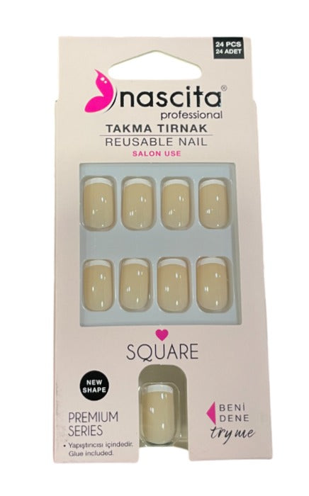 Nascita Square French Nails With Glue 202 - Pack of 24