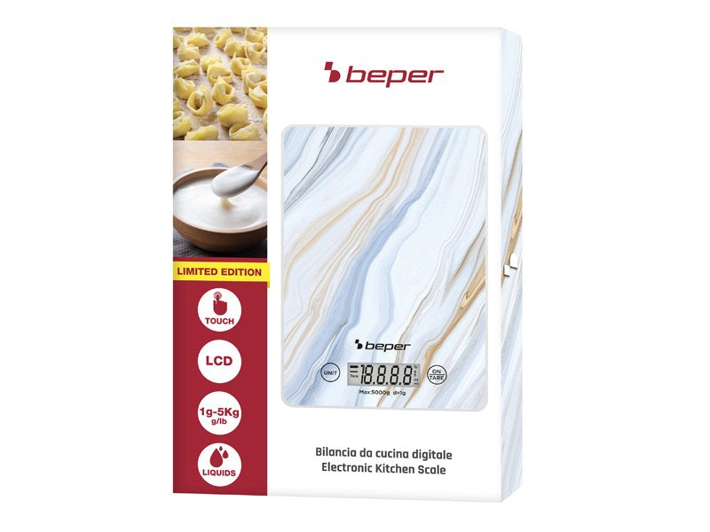 Beper, Digital Kitchen Scale With LCD Display & Touch Buttons, Tempered Glass Top, 5Kg