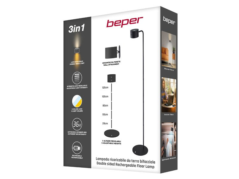 Beper Lumi Rechargeable Lamp, Floor And Table Lamp, Height-Adjustable, Wall Accessory, Usb Cable Included, Touch Switch On, Black, P201UTP306