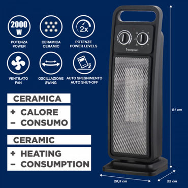 Beper Ceramic Tower Fan Heater 2000W, 2 Power Settings, Safe With Auto Shut-Off, P203TER002