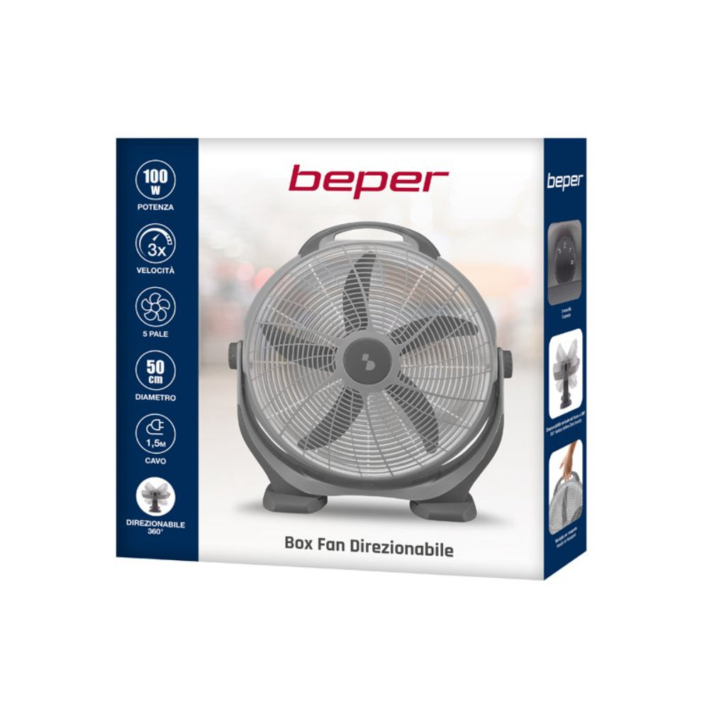 Beper Adjustable Box Fan, 100W Power, 5 Large Blades, 3 Speeds, Grey, P206VEN560