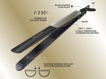Beper Ceramic Hair Straightener, Straightener With 6 Temperature Levels, Fast Heating up To 230-360 degree Swivel Cable, Automatic Shut-Off, Plate Lock, Black, P301PIS200