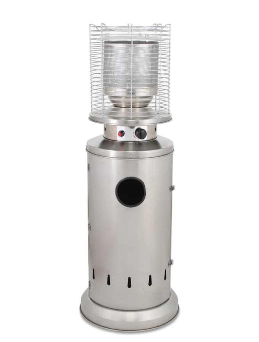 Campomatic, Full Stainless Steel Patio Heater, 135Cm Height, Anti-Tilt Switch, Automatic Shut-Off, Piezoelectric Ignition, Net Weight 15Kg, Heat Output 13Kw, Works With Propane, Butane Or Lpg, Wheels & Hose Included
