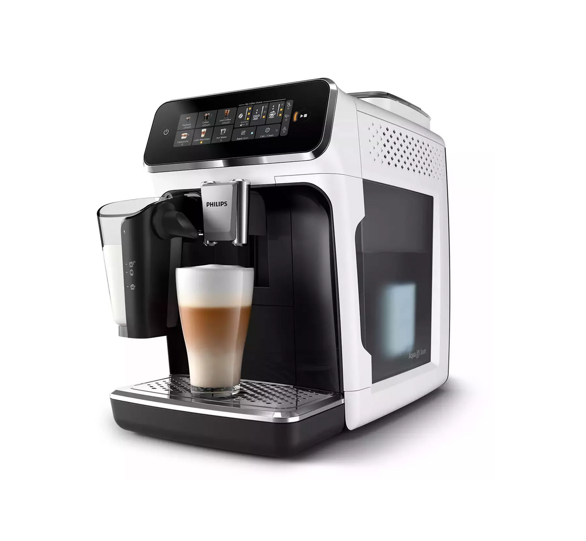 Philips, Series 3300 Fully Automatic Espresso Coffee Machine - 6 Hot & Iced Drinks, LatteGo Milk System, 40% Quieter SilentBrew, Ceramic Grinder, Aquaclean Filter, Glossy White, PHI-EP334350