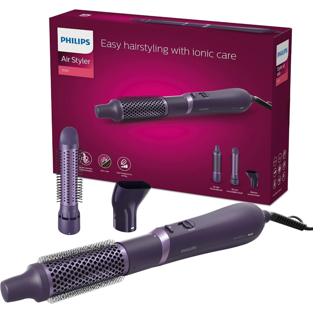 Philips, Airstyler, 800W, Ionic Technology, Cool Air Setting, Keratin Ceramic Brushes, Heat Settings 3 With 2 Speeds, Nozzle, Retractable Bristle Brush 30mm, Thermobrush 38Mm, BHA305