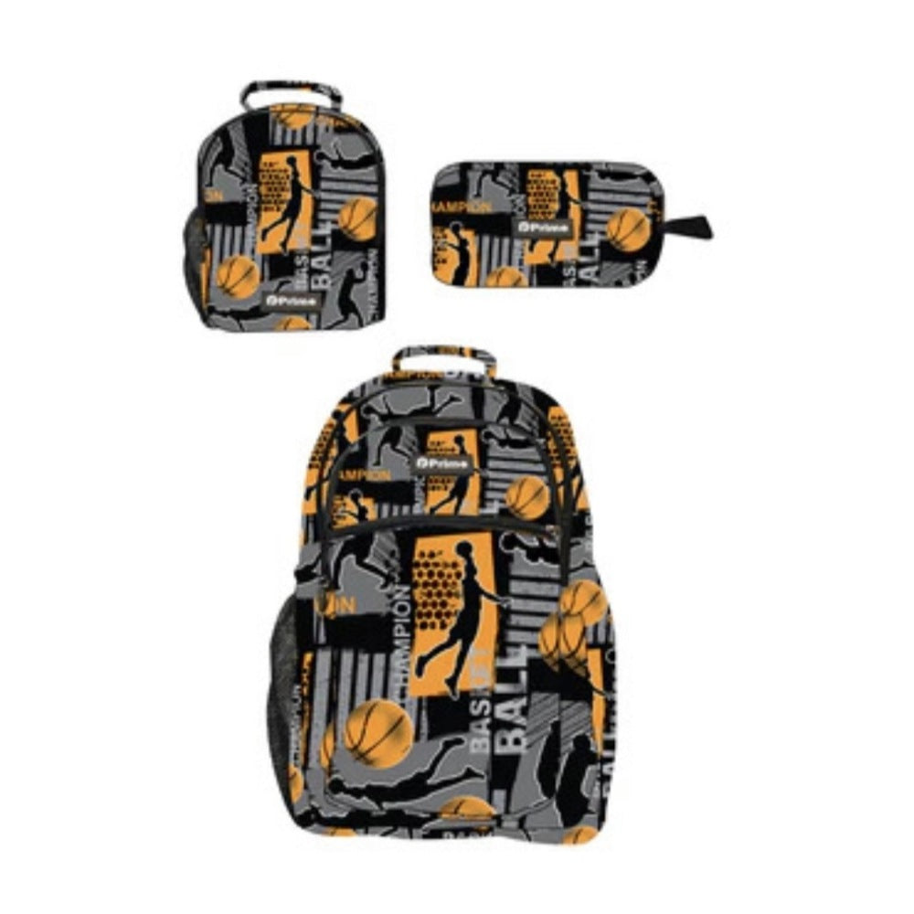Primebag, 3Pcs Personalized School Backpack Set With Luminous Students Bookbag Lunch Bag Pencil Bag, Basketball