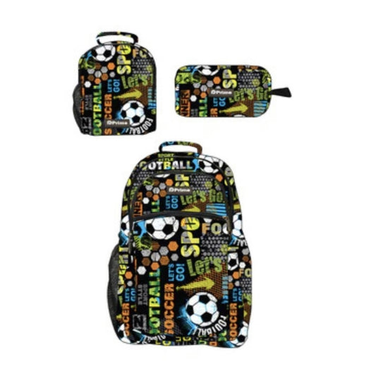Primebag, 3Pcs Personalized School Backpack Set With Luminous Students Bookbag Lunch Bag Pencil Bag, Football