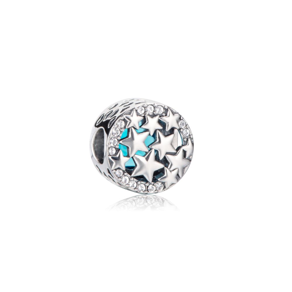 Polo Exchange, Woman Jewelries, Sterling Silver &Blue Glass Stone &Swarovski Crystal Charm