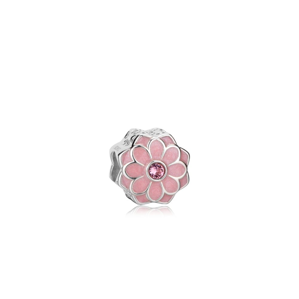 Polo Exchange, Woman Jewelries, Sterling Silver & Swarovski Crystal & Pink Enamel Flower Charm