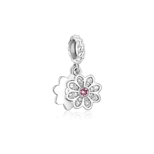 Polo Exchange, Woman Jewelries, Sterling Silver & Swarovski Crystal & Pink Enamel Flower Charm