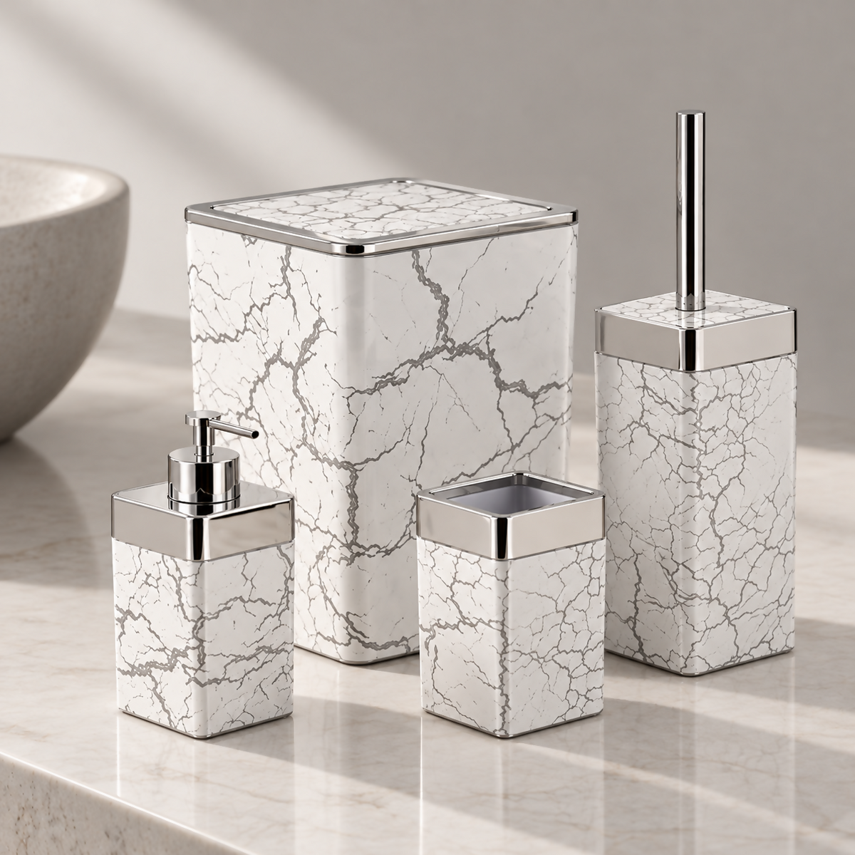 Carrara White Marble-Effect Bathroom Accessories Set – 4 Pieces | MA009