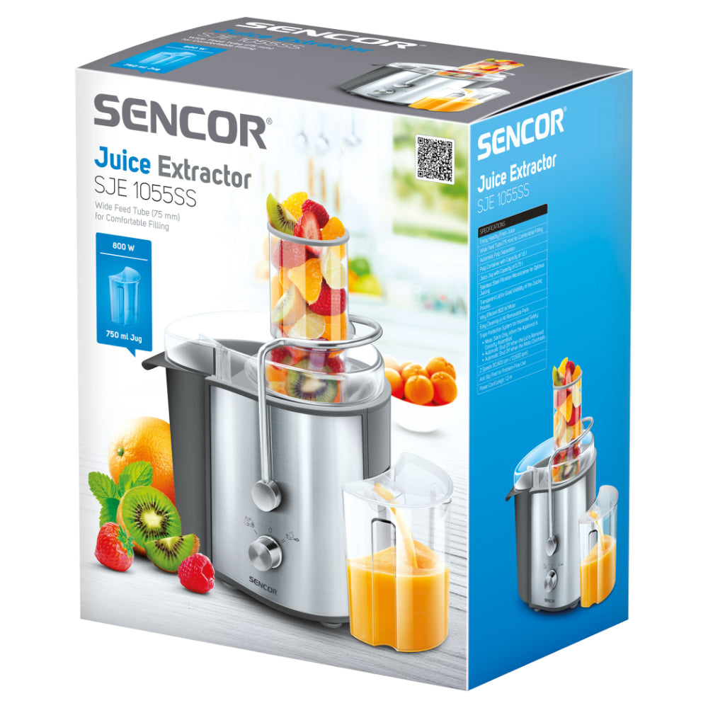Sencor Juicer, Wide Feed Tube Automatic Pulp Separation, 2 Speeds, Easy To Clean, Stainless Steel, SJE-1055SS