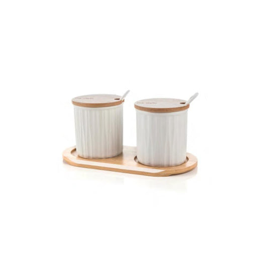 Oh LaLa White Ceramic 2-Piece Jar Set with Bamboo Tray, SK-9379