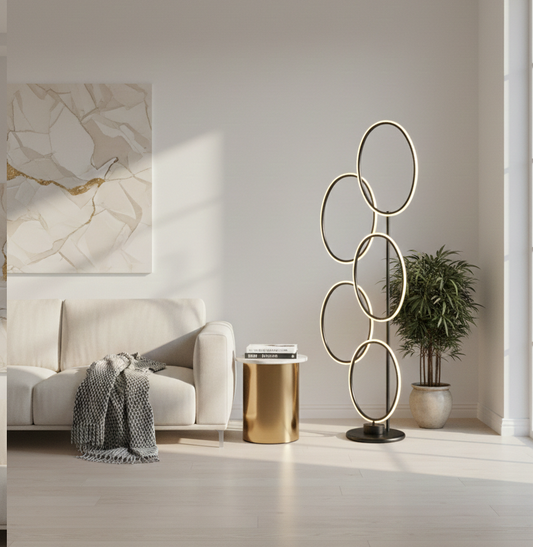 Modern Sculptural LED Floor Lamp with 5 Illuminated Oval Rings 138 cm - Black Finish, SK859