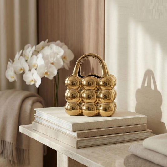 Gold Ceramic Handbag-Shaped Bubble Decorative Vase, SK863