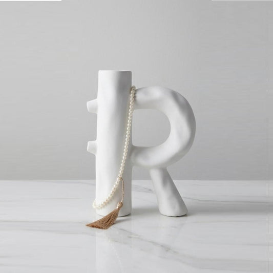 Letter -R- Ceramic Decorative Vase, Textured Modern Sculptural Design, SK876