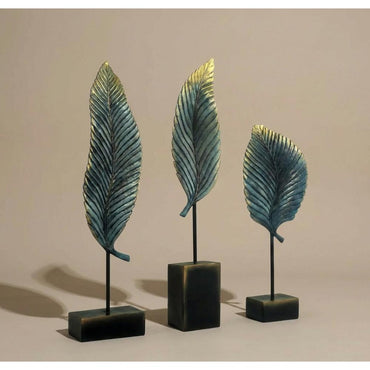 Blue-Green & Gold Nordic Leaf Sculpture Set, 3-Piece Luxury Decor, SK905