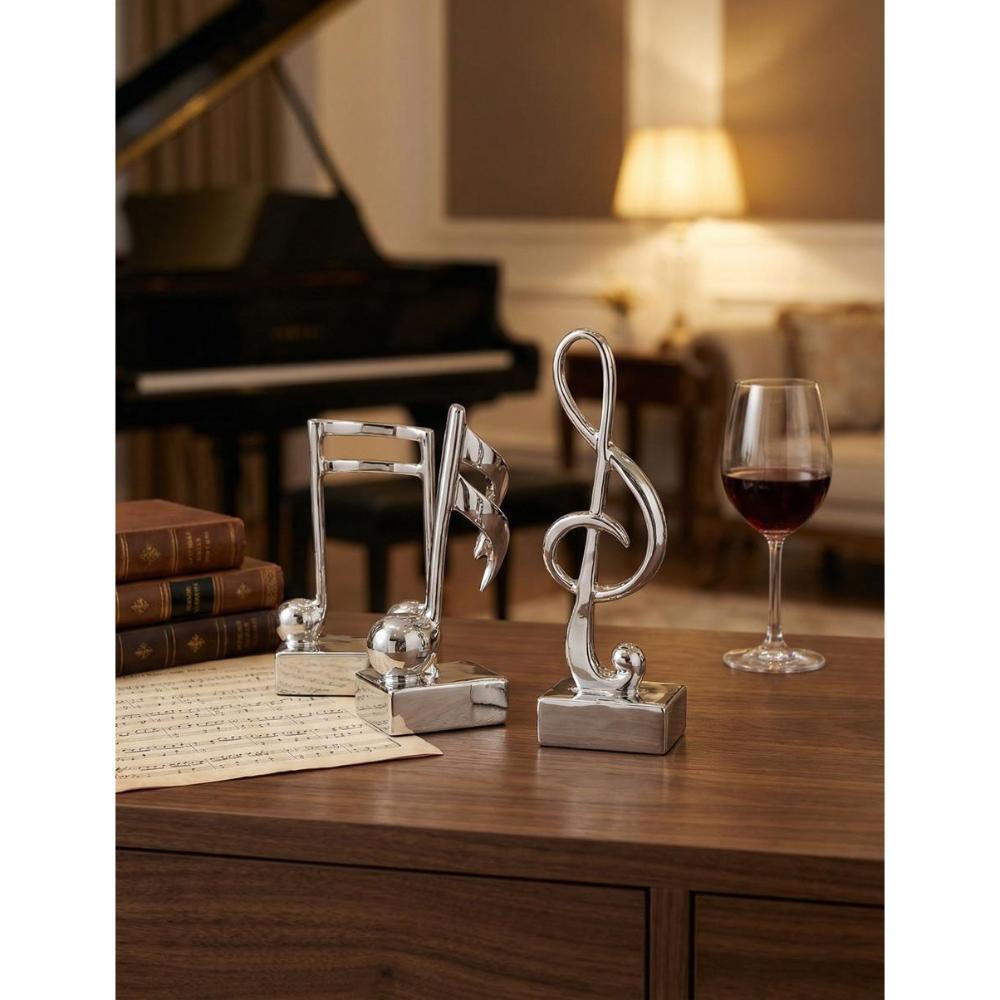 3-Piece Silver Music Note Resin Sculptures - Elegant Home and Office Decor, SK906S