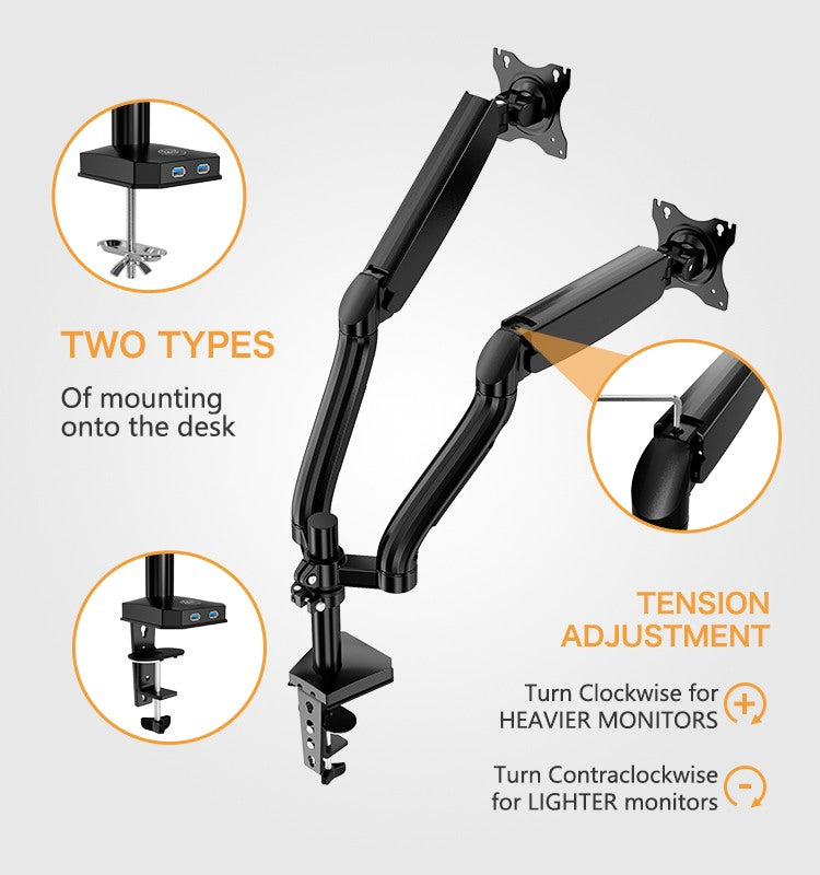 Kaloc, Ds90-2 Dual Desk Monitor Arm, Adjustable Gas Spring & Support Max 32 Inch