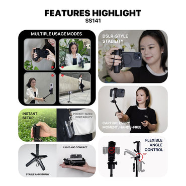 Fantech, Ss141 Selfie Stick Mini Quadripod Stand, Stable And Sturdy Design, Bluetooth Remote