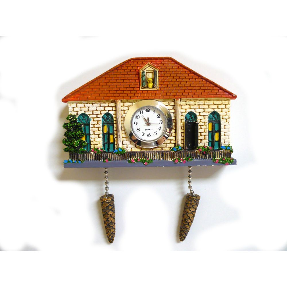 Merlin, Polyresin Lebanese House Cuckoo Fridge Magnet With Real Clock Blue Yellow Window