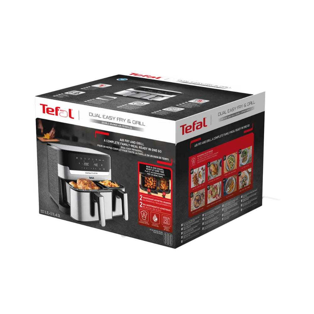 Tefal Dual Easy Fry & Grill, 2700W - Black - SS, 8.3L-6P, 50Hz, TEF-EY905D10