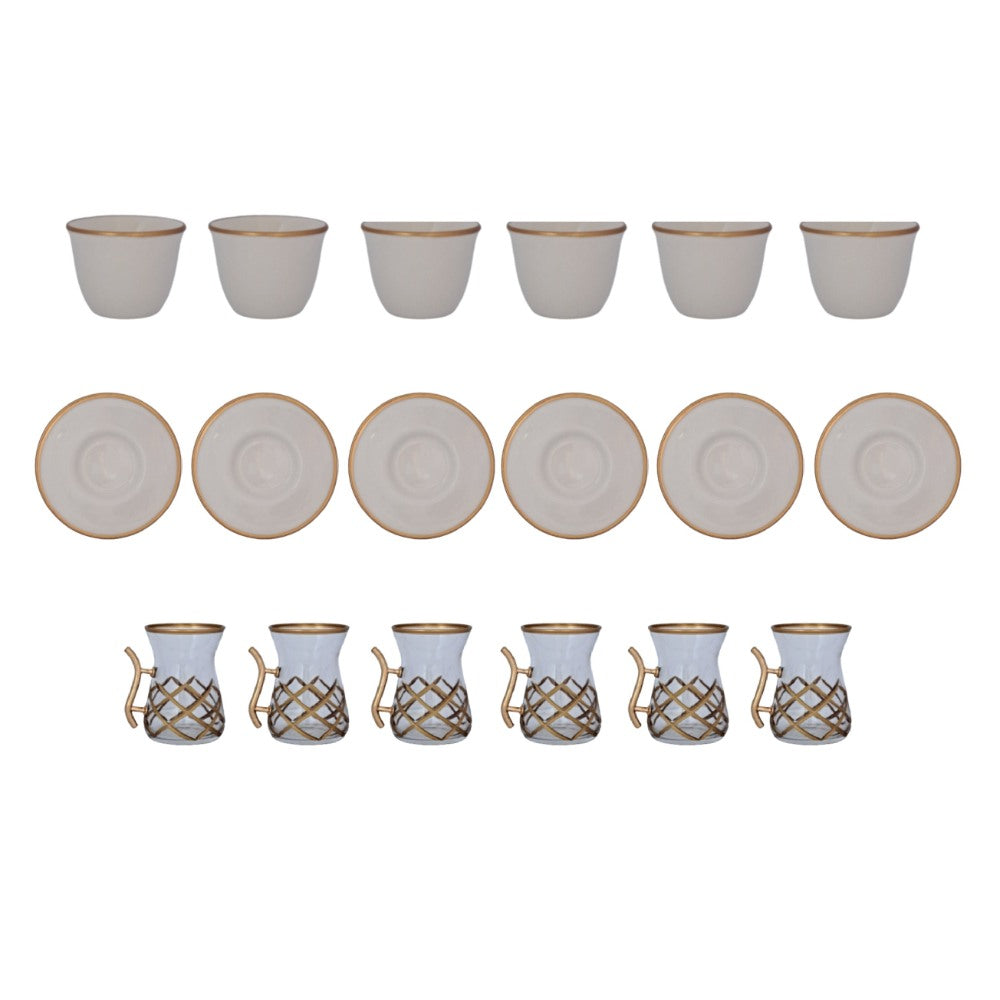 Pasha Home, Hand Made Mirrali Tea Cup Set Of 6+ Coffee Cup Set Of 6 White And Gold, Tur-Psh0090