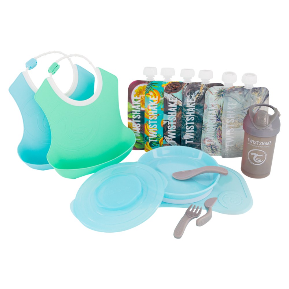 Twistshake, Tableware Bundle For Boys ( Blue/Green/Grey) Promo Pack. Click-Mat Mini + Plate, 6 X Squeeze Bags 220 Ml, Crawler Cup 300 Ml, Learn Cutlery, 2 X Bib, 78817