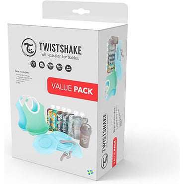 Twistshake, Tableware Bundle for Boys ( Blue/Green/Grey) promo pack. Click-Mat Mini + Plate, 6 x squeeze bags 220 mL, Crawler cup 300 mL, Learn Cutlery, 2 x Bib