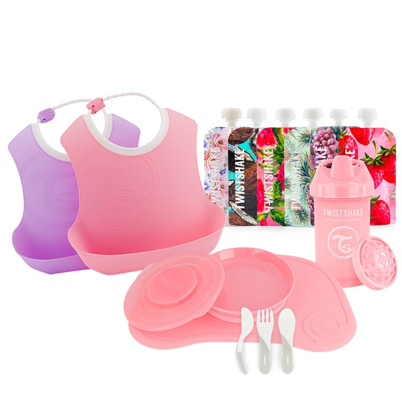 Twistshake, Tableware Bundle for Girls ( Pink/Purple/White) promo pack. Click-Mat Mini + Plate, 6 x squeeze bags 220 mL, Crawler cup 300 mL, Learn Cutlery, 2 x Bib