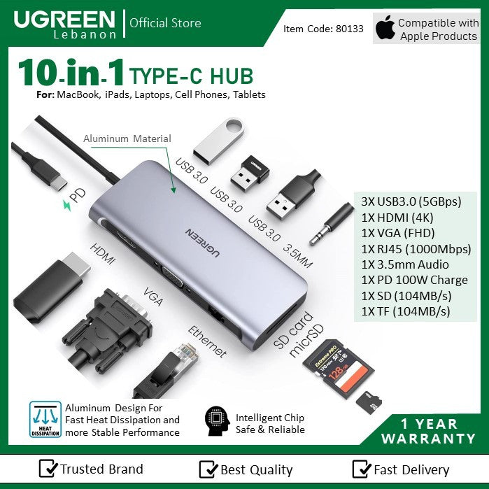Ugreen, 10-In-1 USB-C Hub Docking Station Adapter (4K Hdmi + 3xUSB3.0 + Sd + Tf + Vga + Gigabit Lan + Aux 3.5Mm Audio + USB C Pd 100W)