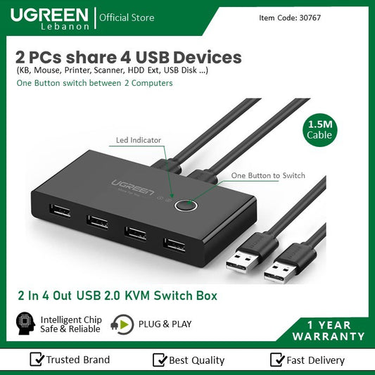 Ugreen, 2 In 4 Out USB 2.0 Kvm Switch Box