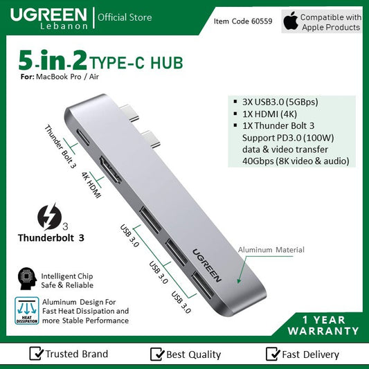 Ugreen, 5-In-2 USB-C Hub Docking Station Adapter For Macbook Pro/Air (4K Hdmi + 3xUSB3.0 + USB C Pd 100W)