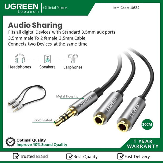 Ugreen, Audio Cable Spliter 3.5Mm Male To 2 Female 3.5Mm Braid 20Cm