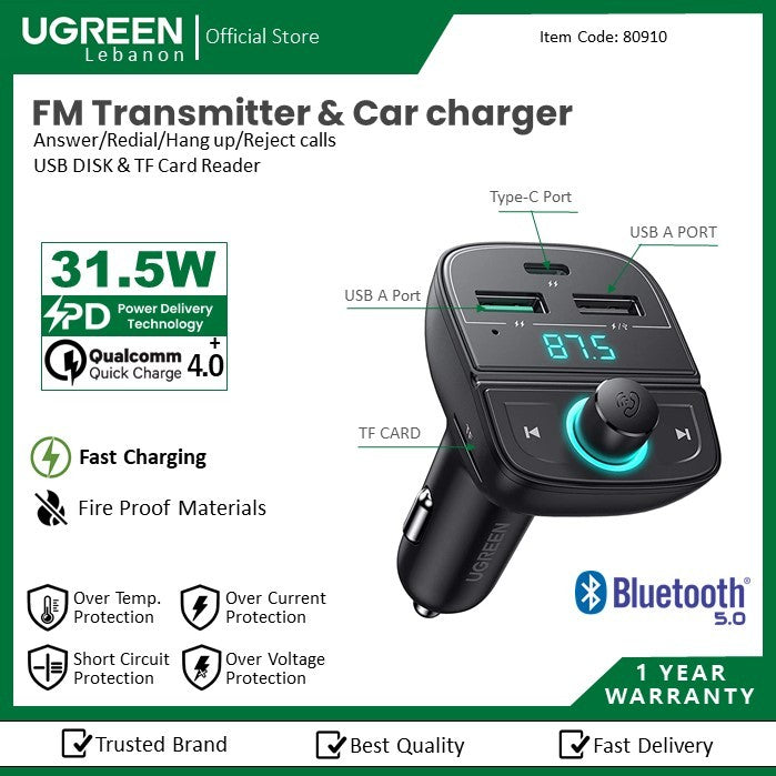 Ugreen, Fm & Bluetooth Transmitter & Car Charger 24W + Tf Slotcd