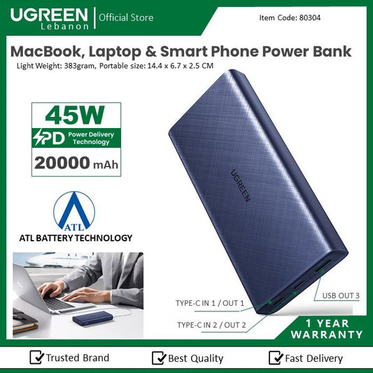 Ugreen, Pd45W Macbook, Laptop & Smart Phone Power Bank, 20000 Mah Atl Battery Technology Pb165 - 80304
