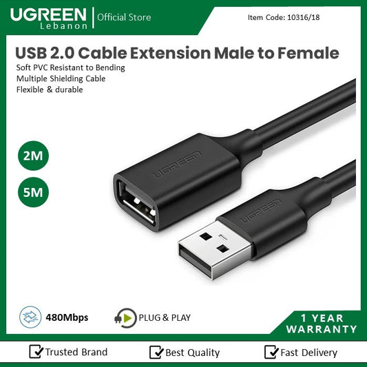 Ugreen, USB 2.0 Cable Extension Male To Female, Available in Different Sizes