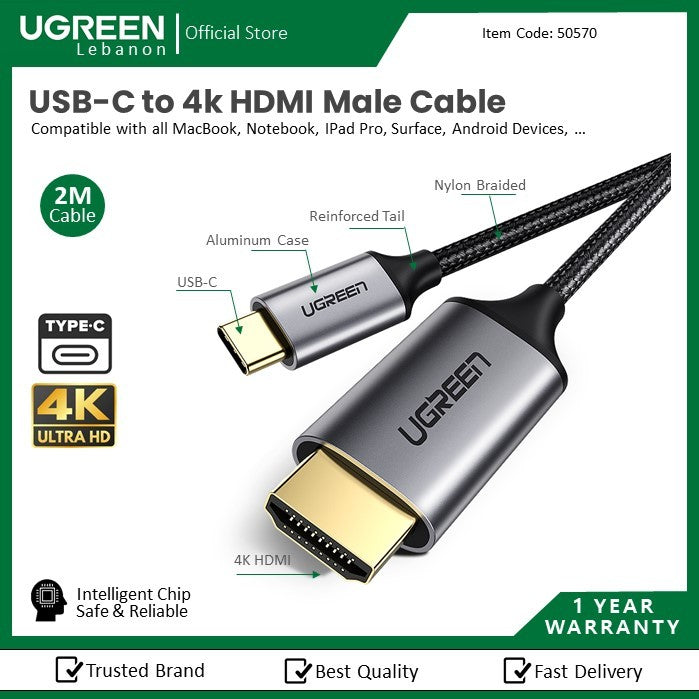 Ugreen, USB-C To 4K Hdmi Male To Male Cable Aluminum 1.5M