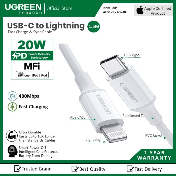 Ugreen, USB-C To Lightning Pd 20W Fast & Mfi Cable 1.5M For Iphone, Ipod And Ipad(White)