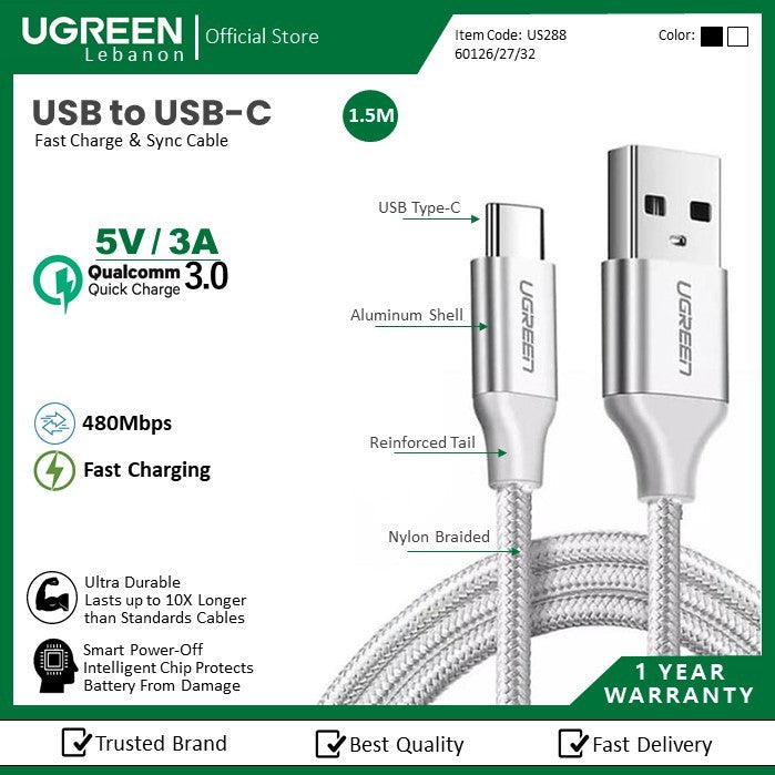 Ugreen, USB To USB-C 5V/3A Fast Cable Aluminum Braid (Black), Available in Different Sizes