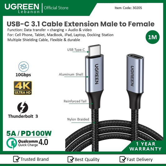 Ugreen, Usb-C Cable Extension Male To Female 1M, Nylon Braided & Aluminum Body Ugreen Us372 - 30205